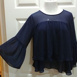 A New Day flowy layered sheer navy top with flounce long sleeves size medium